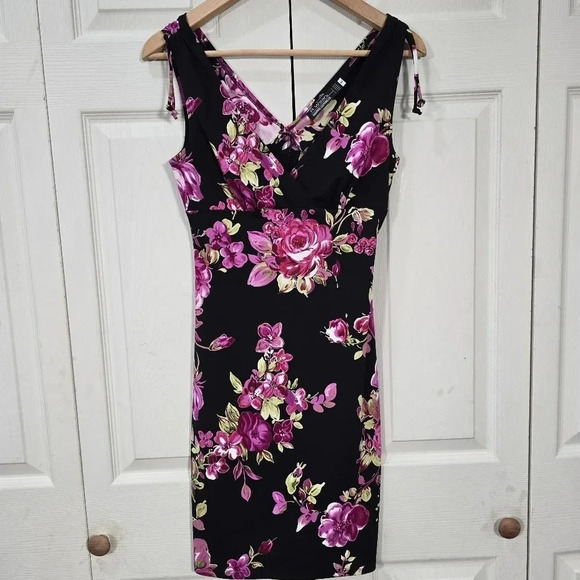 Vintage 90s Y2K Rampage Mini Dress Black Pink Floral Vneck Sleeveless Small - Picture 1 of 8